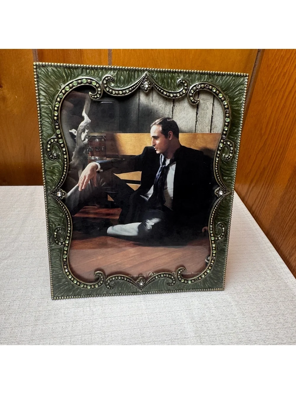 Vintage Jeweled 8x10 Picture Frame Green Ornate Resin Rhinestone Easel